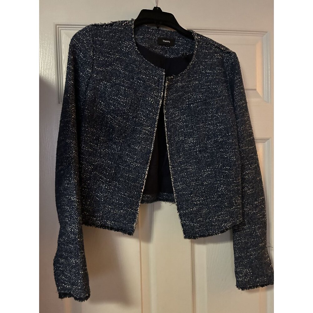 Theory Raw-Edge Tweed Collarless Blazer Jacket Navy Indigo Blue Womens 4